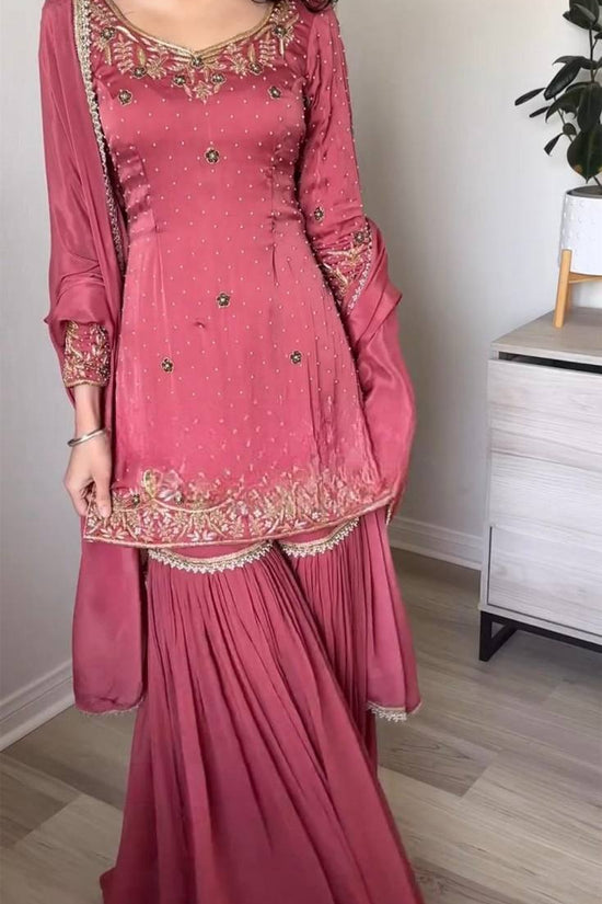 Dusty Rose Pink Sharara Suit with Golden Embroidery & Dupatta