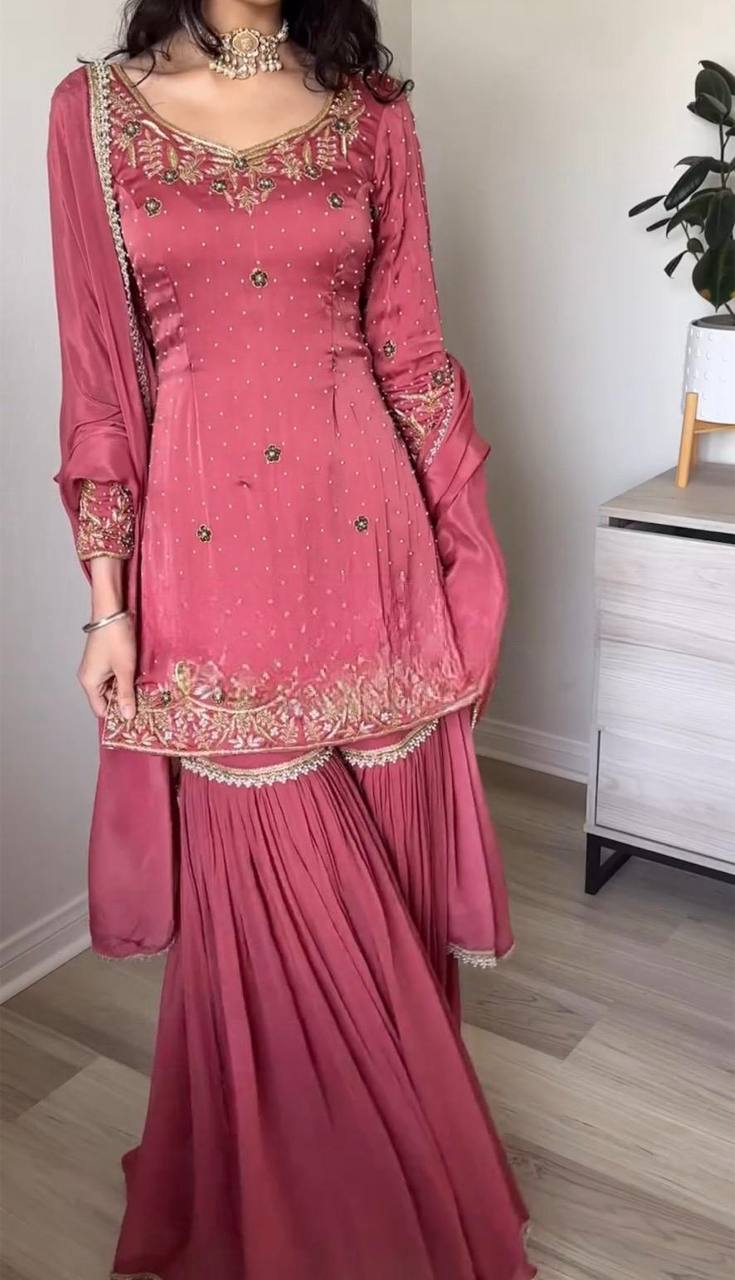 Dusty Rose Pink Sharara Suit with Golden Embroidery & Dupatta