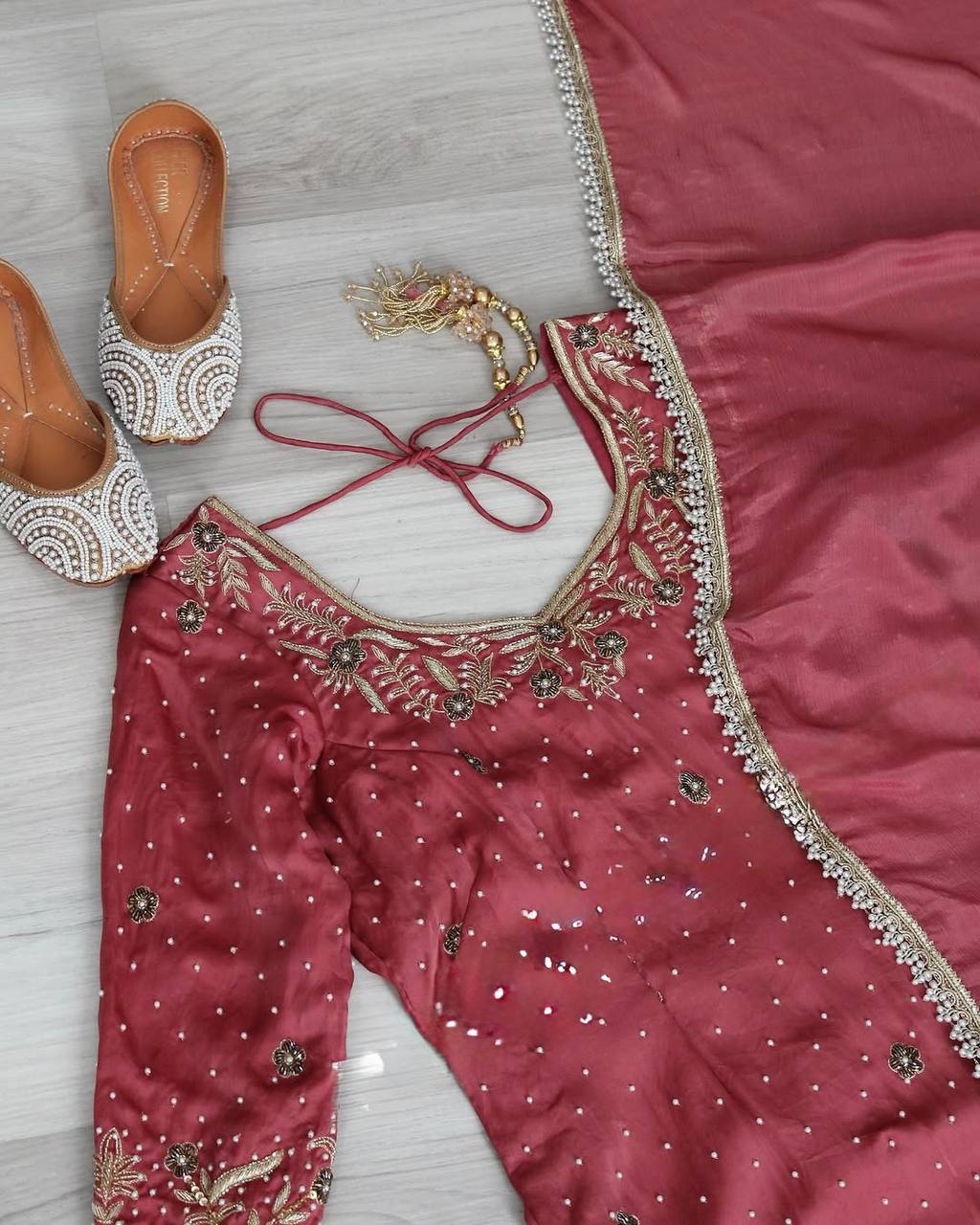 Dusty Rose Pink Sharara Suit with Golden Embroidery & Dupatta