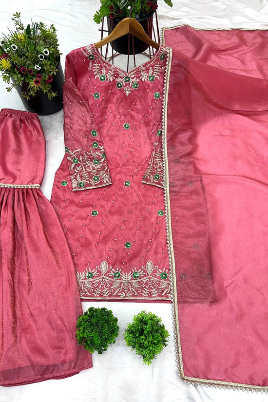 Dusty Rose Pink Sharara Suit with Golden Embroidery & Dupatta