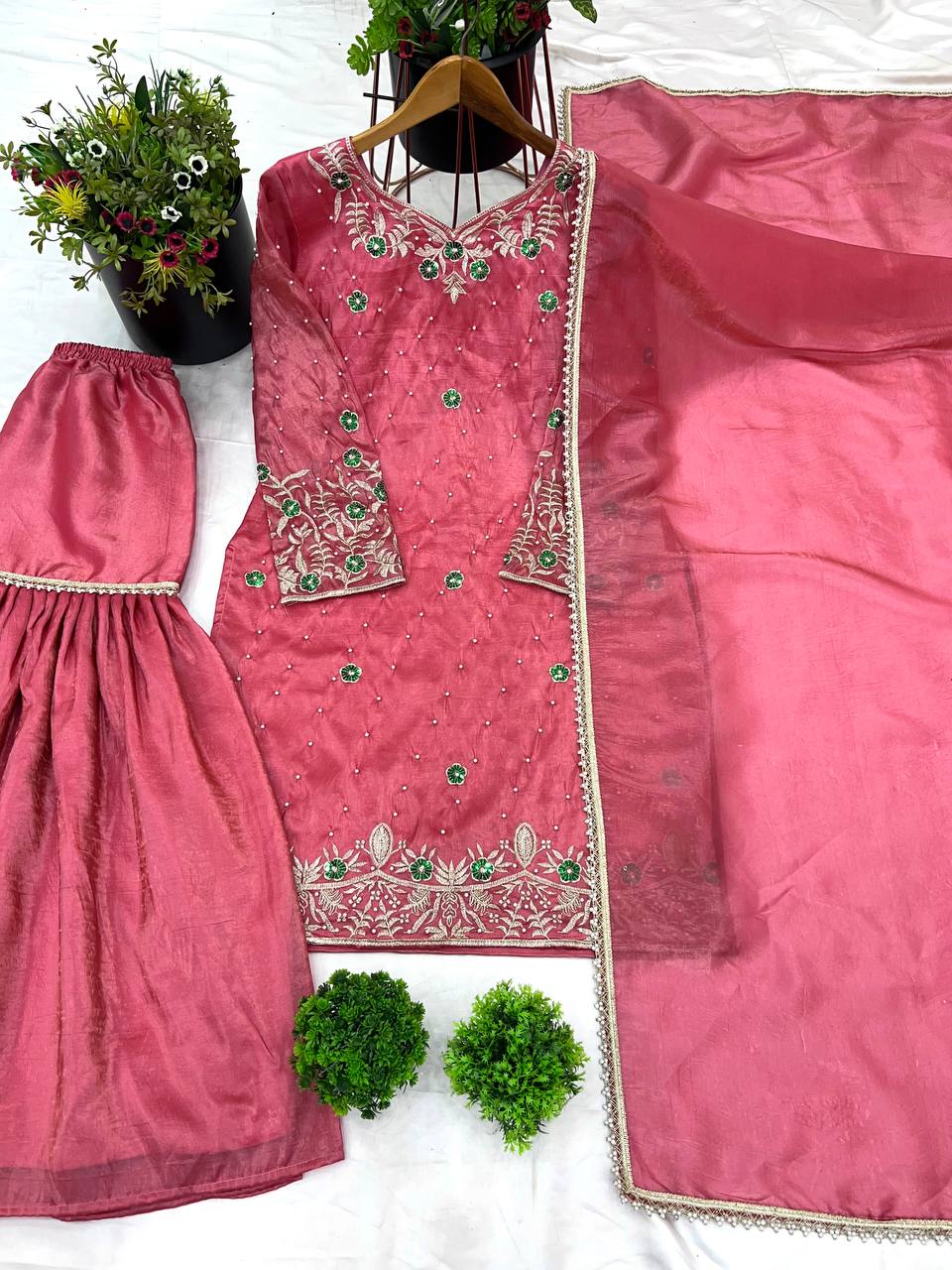 Dusty Rose Pink Sharara Suit with Golden Embroidery & Dupatta