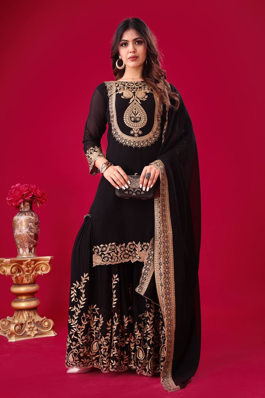 Black Faux Georgette Suit with Heavy Golden Embroidery & Dupatta