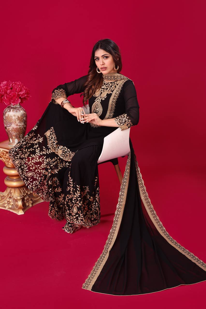 Black Faux Georgette Suit with Heavy Golden Embroidery & Dupatta