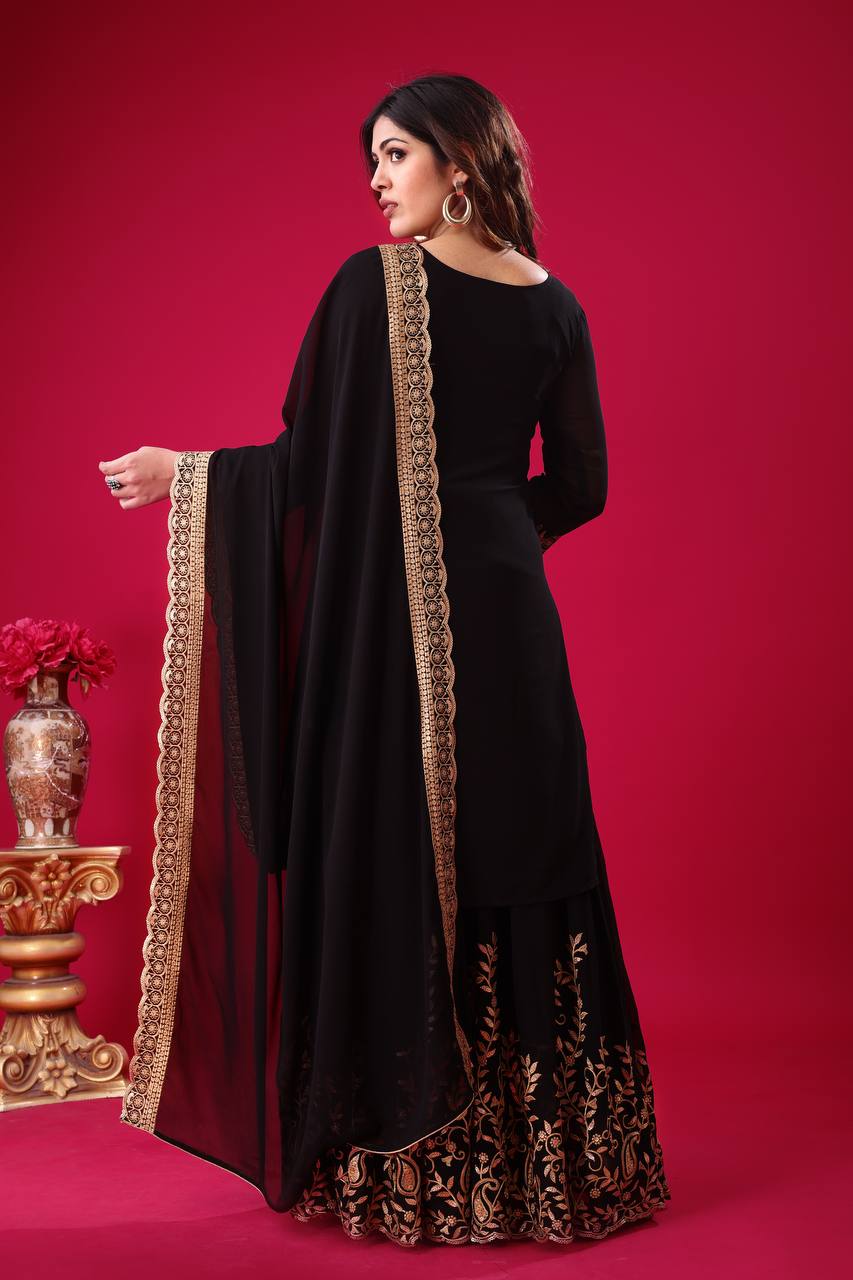 Black Faux Georgette Suit with Heavy Golden Embroidery & Dupatta