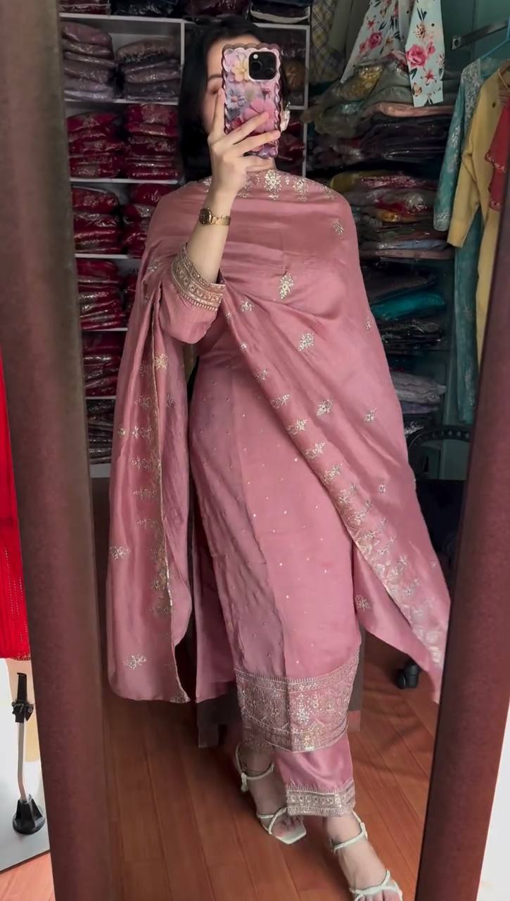Blush Pink Embroidered Cotton Suit with Dupatta