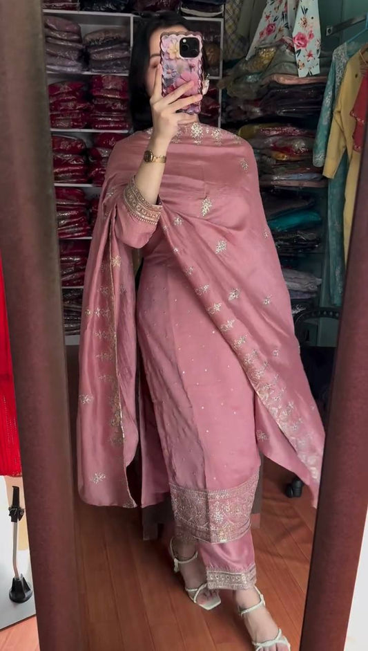 Blush Pink Embroidered Cotton Suit with Dupatta