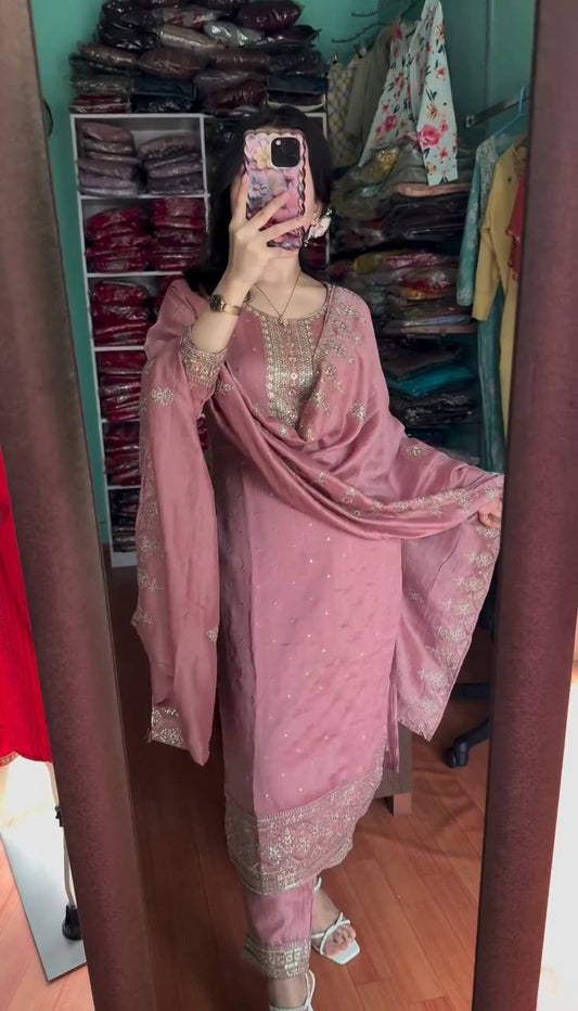 Blush Pink Embroidered Cotton Suit with Dupatta