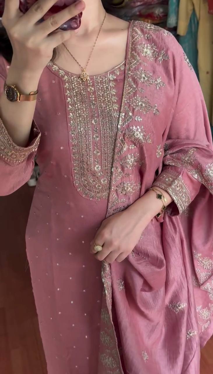 Blush Pink Embroidered Cotton Suit with Dupatta