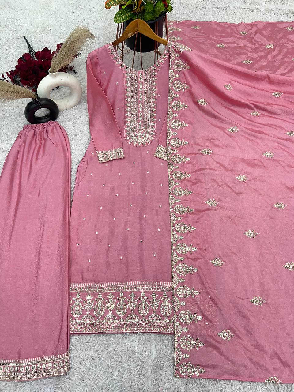 Blush Pink Embroidered Cotton Suit with Dupatta