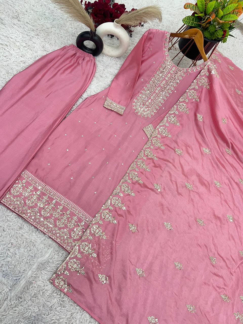 Blush Pink Embroidered Cotton Suit with Dupatta