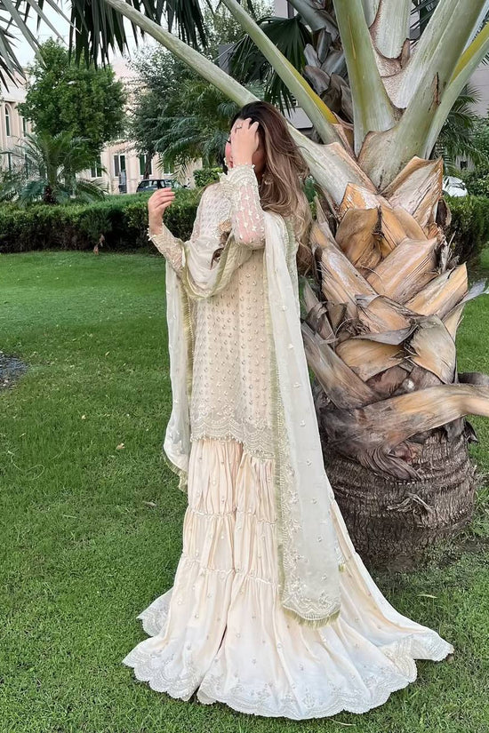 Elegant Cream Embroidered Sharara Set with Dupatta