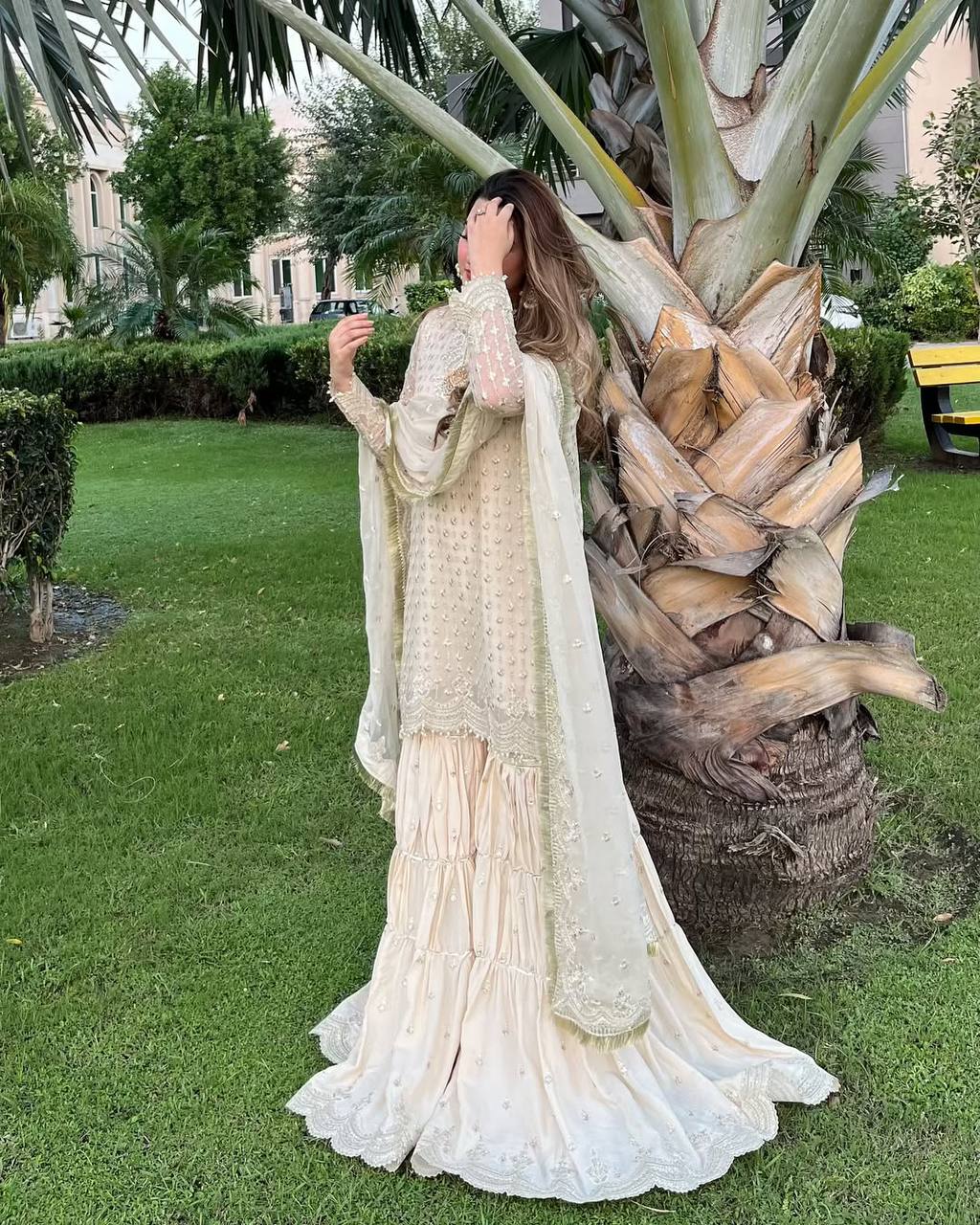 Elegant Cream Embroidered Sharara Set with Dupatta