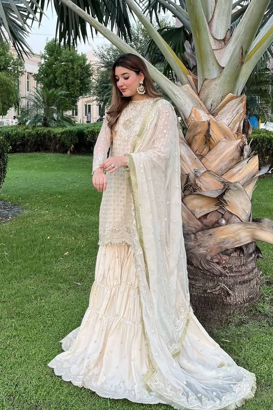 Elegant Cream Embroidered Sharara Set with Dupatta