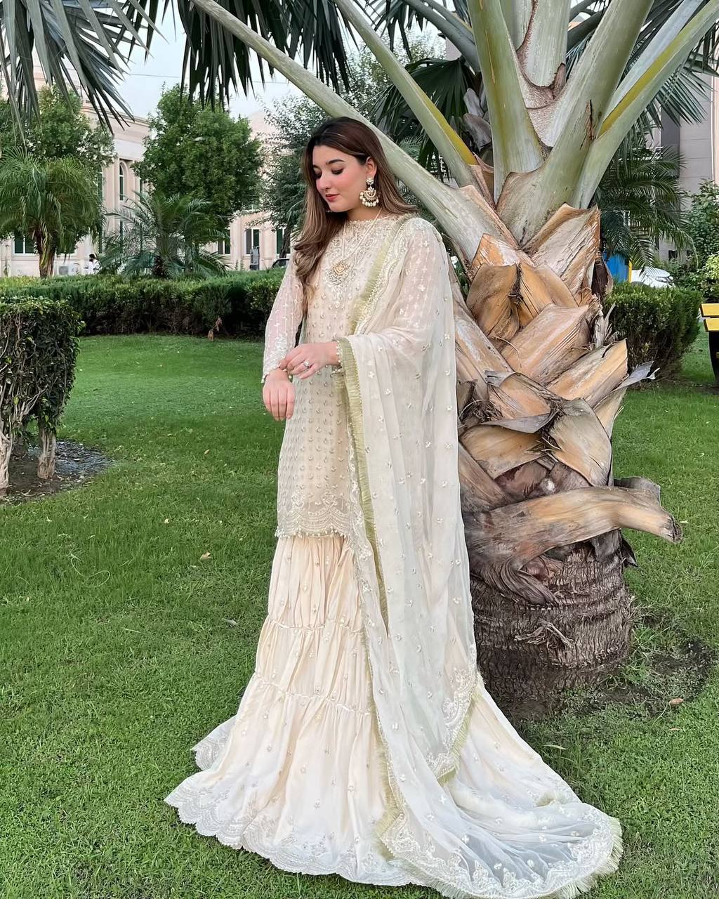 Elegant Cream Embroidered Sharara Set with Dupatta