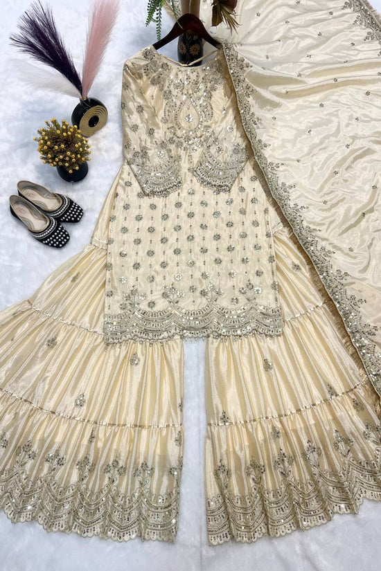 Elegant Cream Embroidered Sharara Set with Dupatta