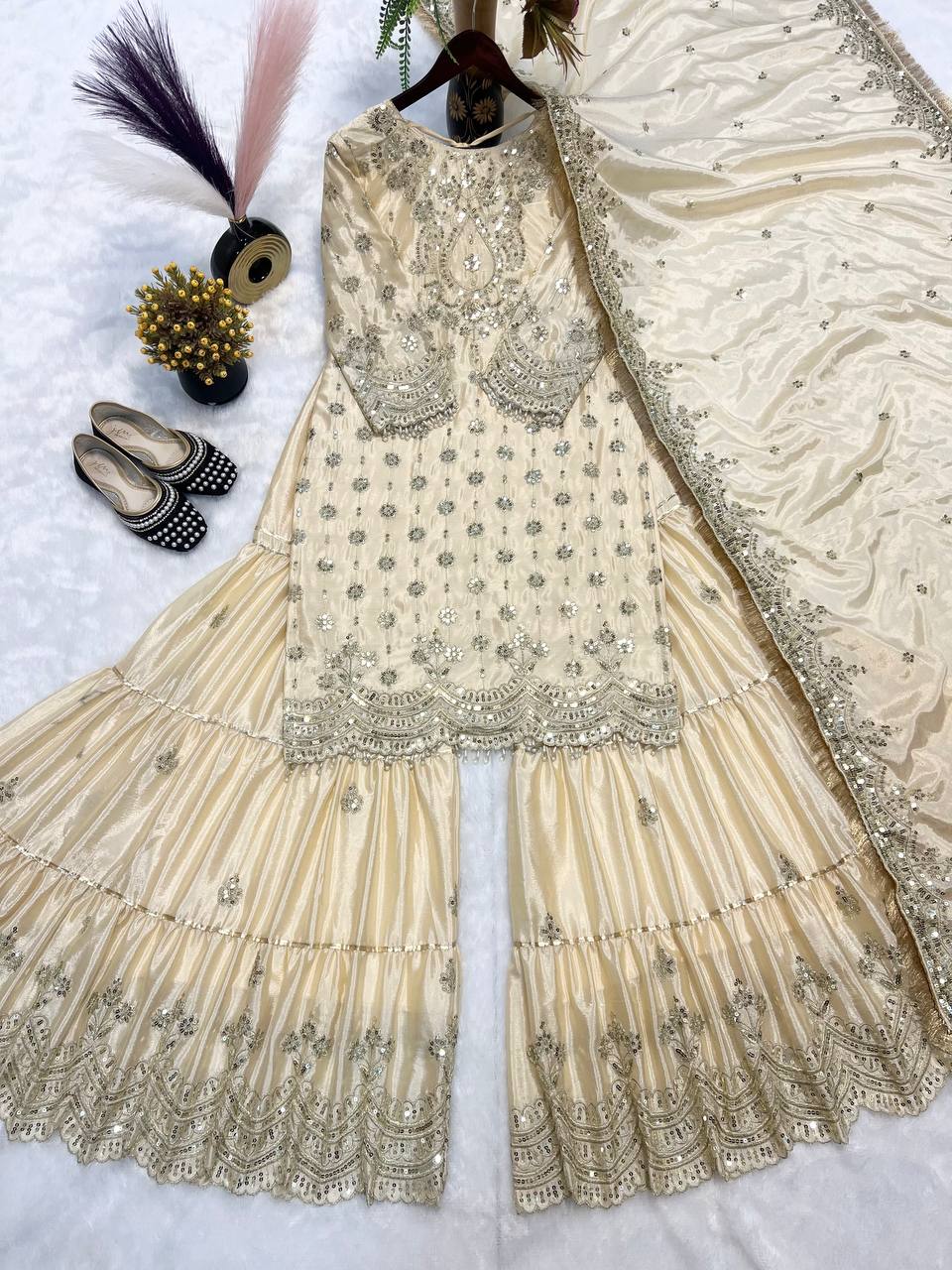 Elegant Cream Embroidered Sharara Set with Dupatta