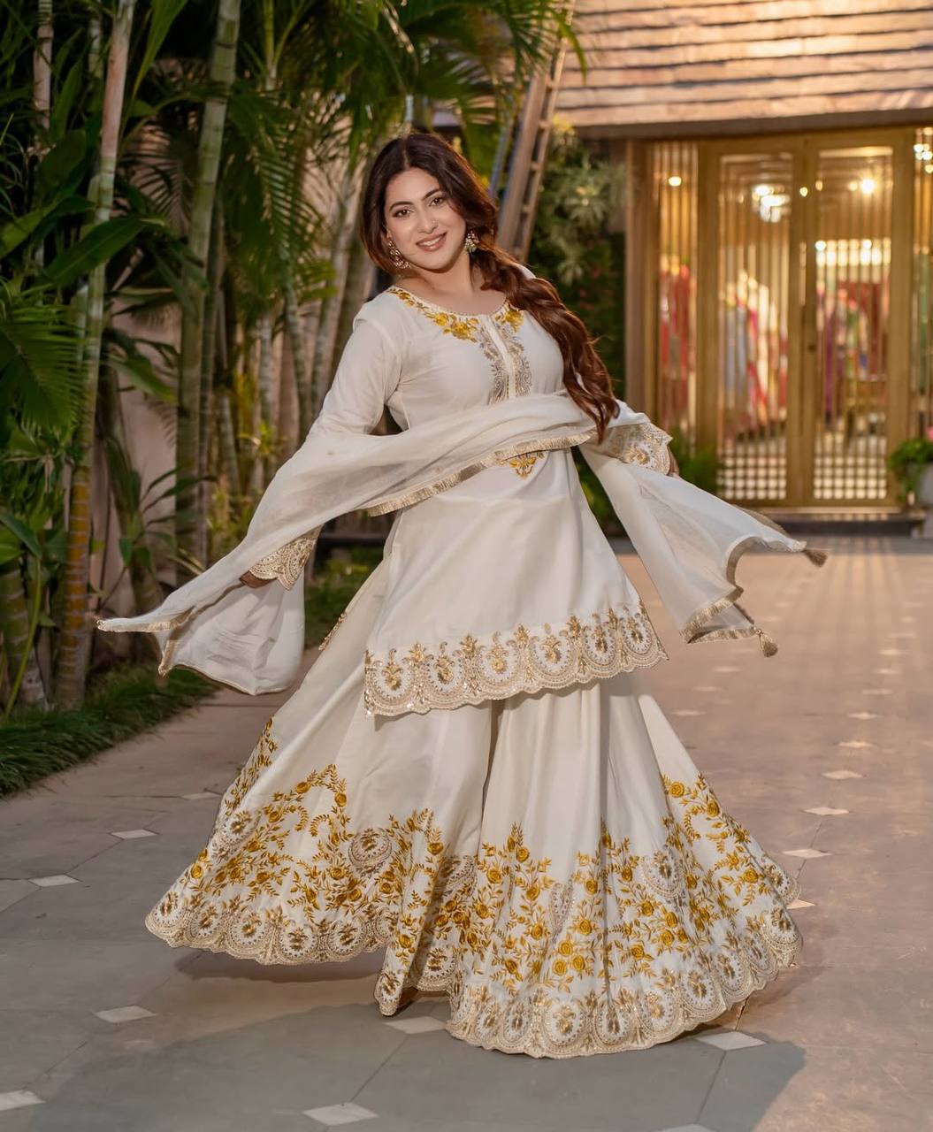 Ivory White Golden Embroidered Anarkali Set with Dupatta