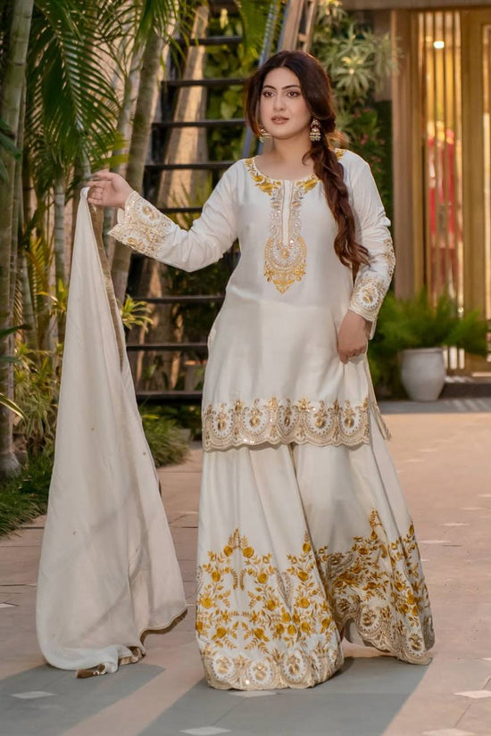 Ivory White Golden Embroidered Anarkali Set with Dupatta