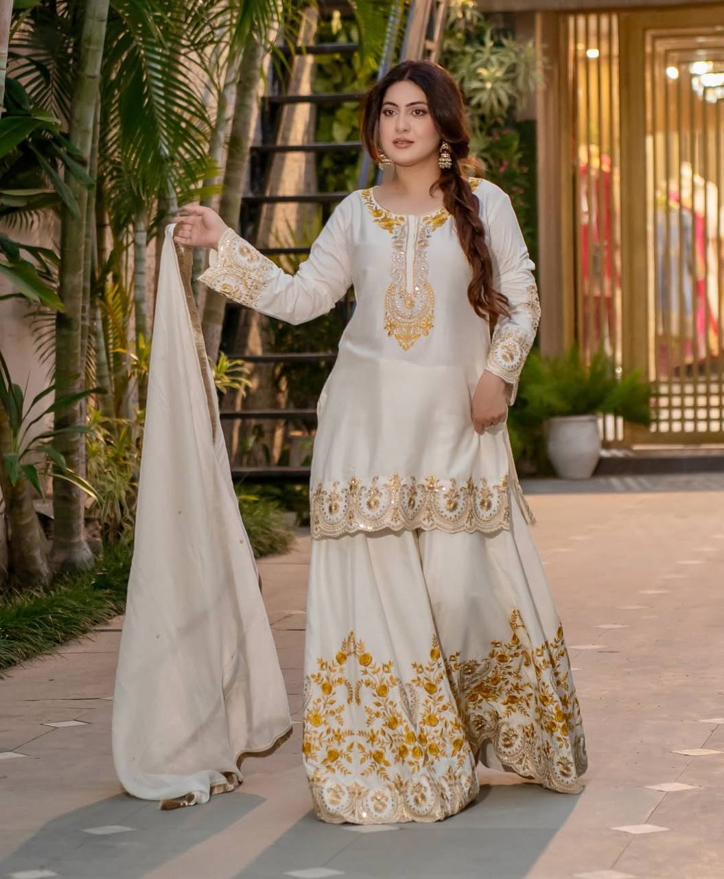 Ivory White Golden Embroidered Anarkali Set with Dupatta