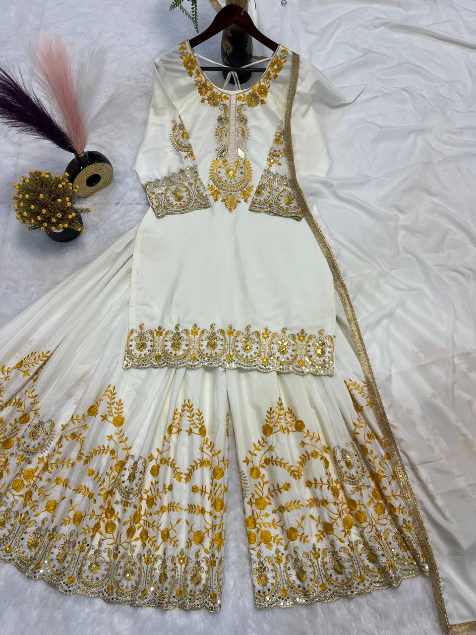 Ivory White Golden Embroidered Anarkali Set with Dupatta