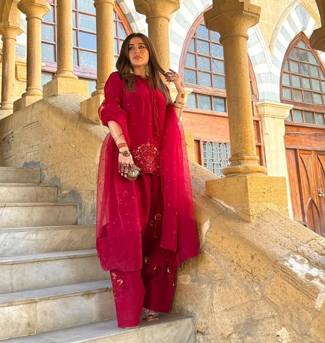 Deep Red Embroidered Short Kurta with Dhoti Pants & Dupatta salwar kameez
