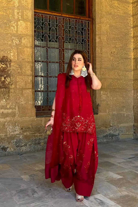 Deep Red Embroidered Short Kurta with Dhoti Pants & Dupatta salwar kameez