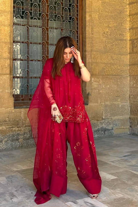 Deep Red Embroidered Short Kurta with Dhoti Pants & Dupatta salwar kameez