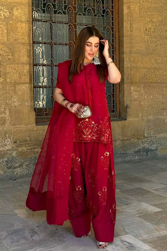 Deep Red Embroidered Short Kurta with Dhoti Pants & Dupatta salwar kameez