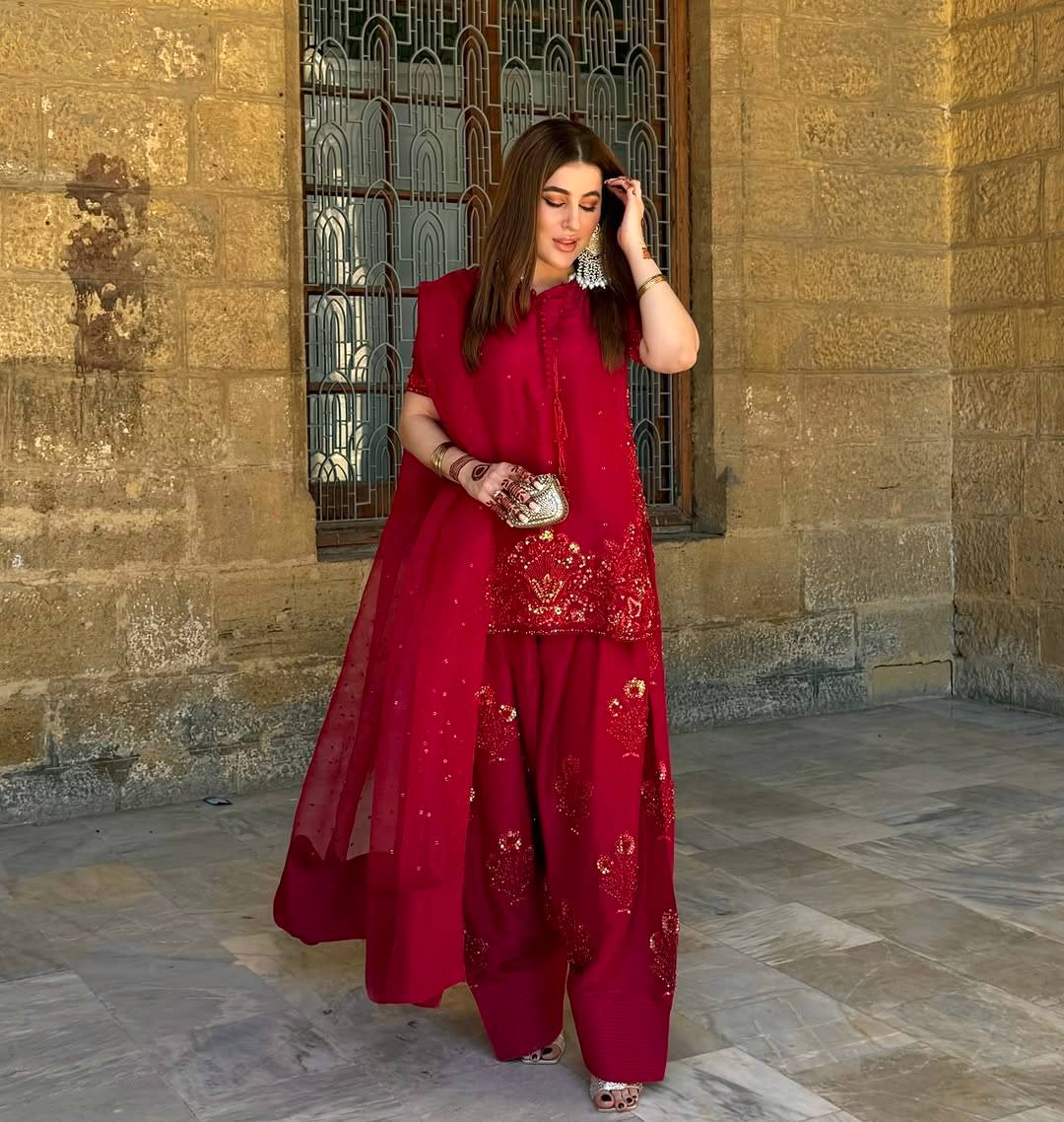 Deep Red Embroidered Short Kurta with Dhoti Pants & Dupatta salwar kameez