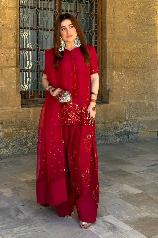 Deep Red Embroidered Short Kurta with Dhoti Pants & Dupatta salwar kameez