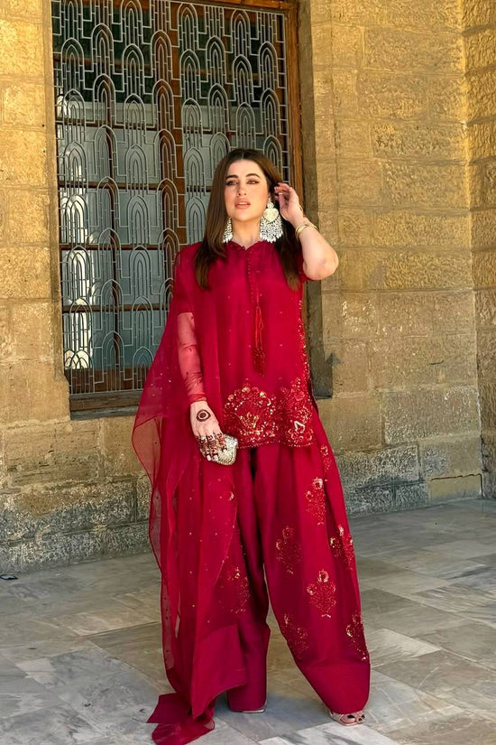 Deep Red Embroidered Short Kurta with Dhoti Pants & Dupatta salwar kameez