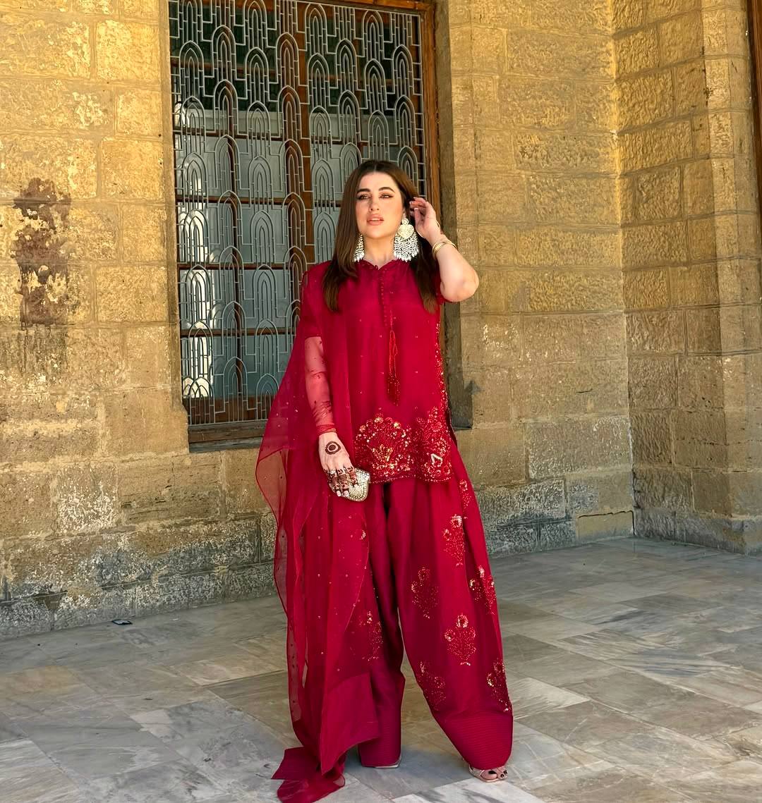 Deep Red Embroidered Short Kurta with Dhoti Pants & Dupatta salwar kameez