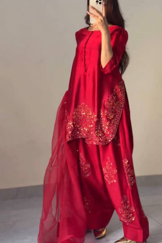 Deep Red Embroidered Short Kurta with Dhoti Pants & Dupatta salwar kameez