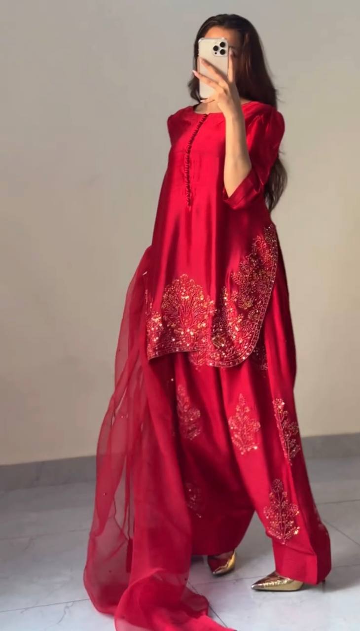 Deep Red Embroidered Short Kurta with Dhoti Pants & Dupatta salwar kameez