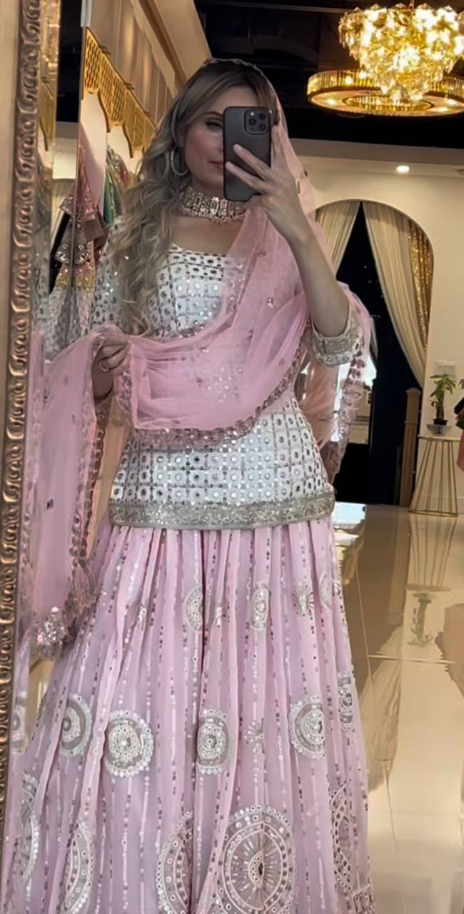 Baby Pink Mirror Work Lehenga Set with Dupatta