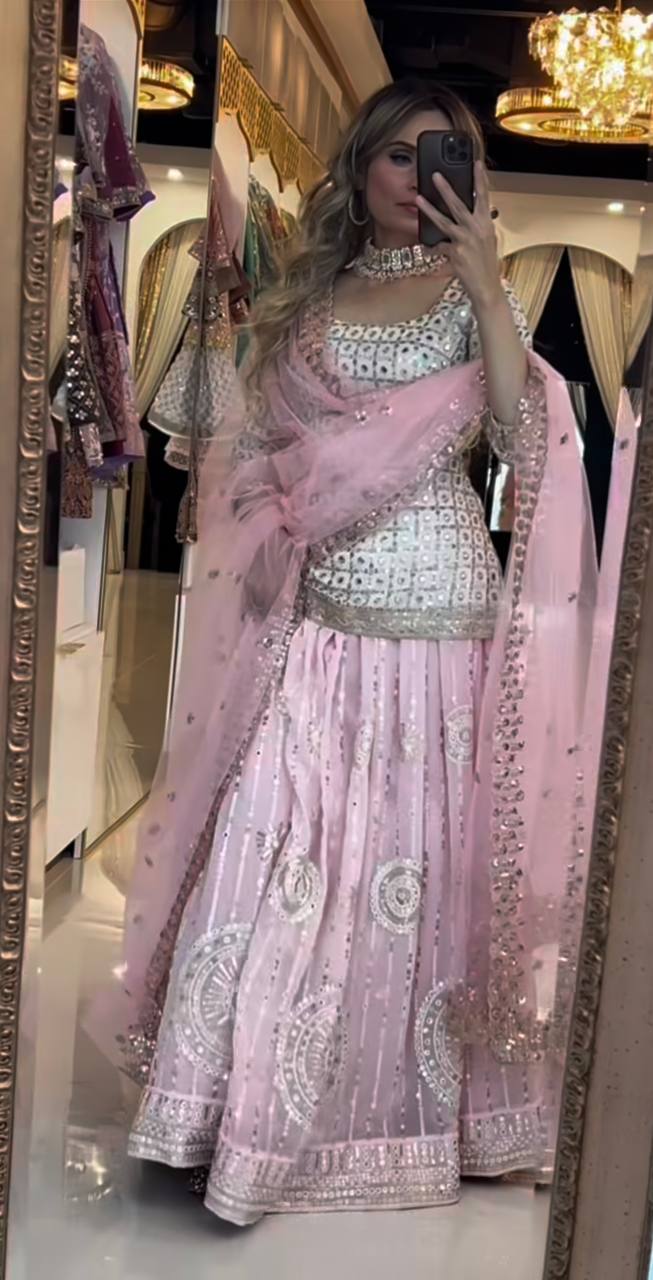 Baby Pink Mirror Work Lehenga Set with Dupatta