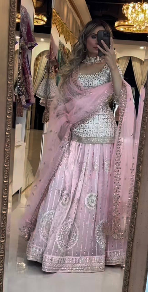 Baby Pink Mirror Work Lehenga Set with Dupatta