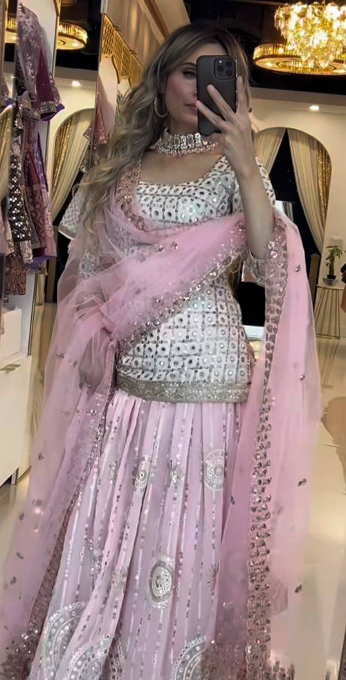 Baby Pink Mirror Work Lehenga Set with Dupatta