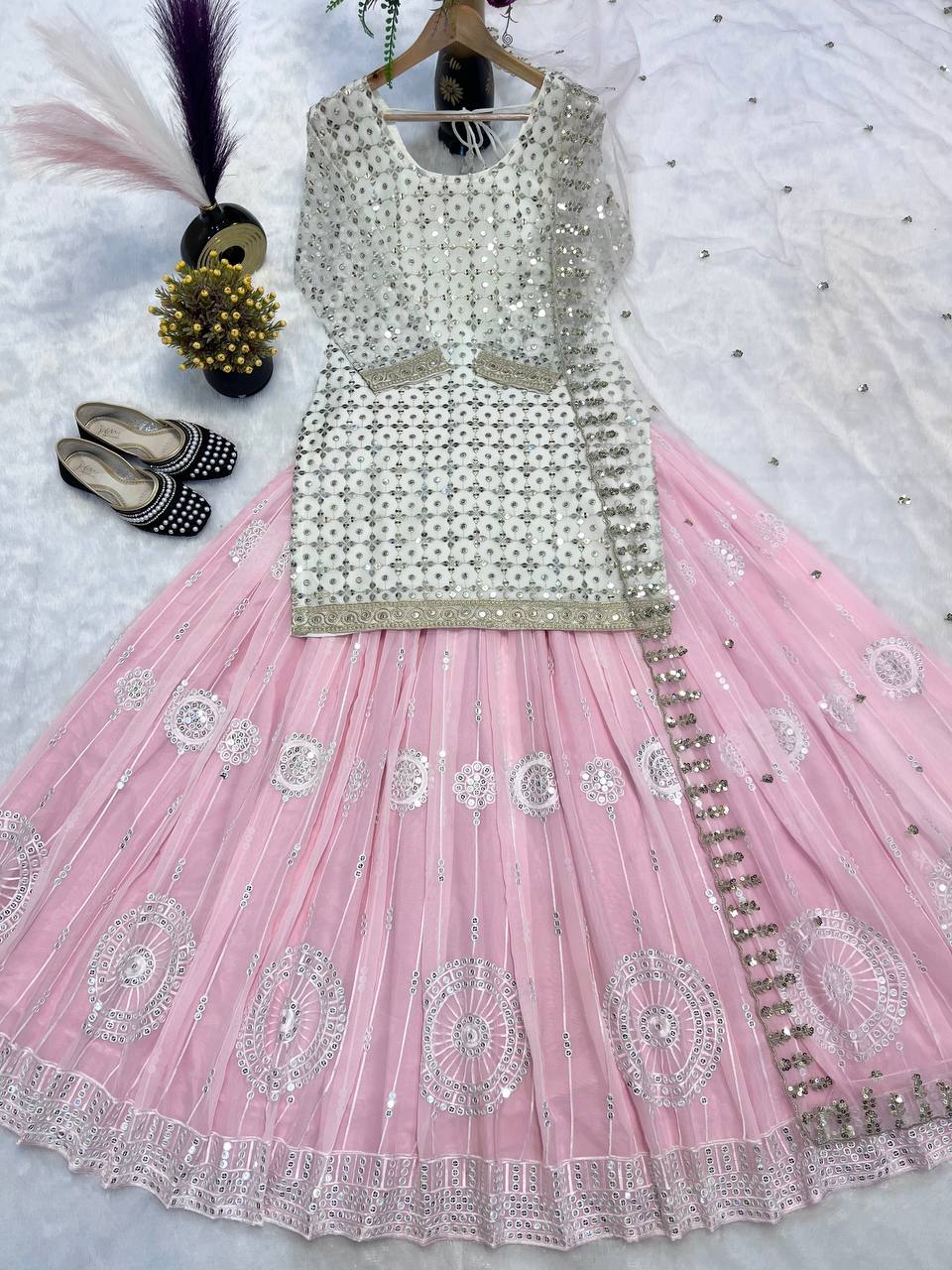 Baby Pink Mirror Work Lehenga Set with Dupatta