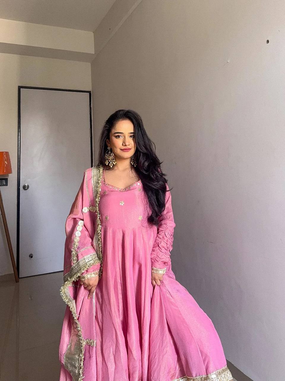 Pink Anarkali Suit with Golden Embroidered Hem & Dupatta