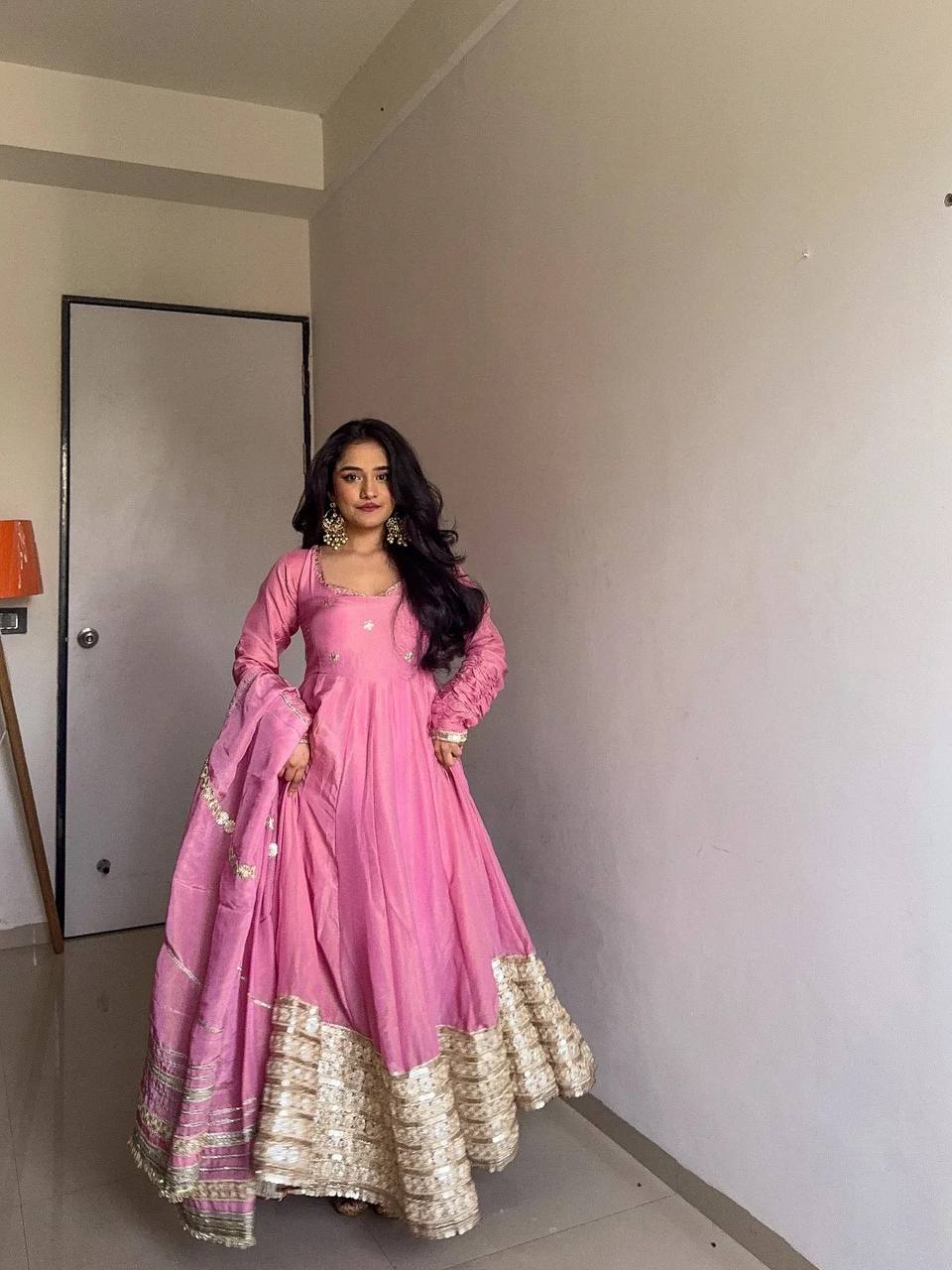 Pink Anarkali Suit with Golden Embroidered Hem & Dupatta