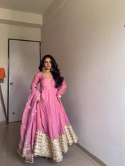 Pink Anarkali Suit with Golden Embroidered Hem & Dupatta