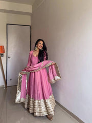 Pink Anarkali Suit with Golden Embroidered Hem & Dupatta