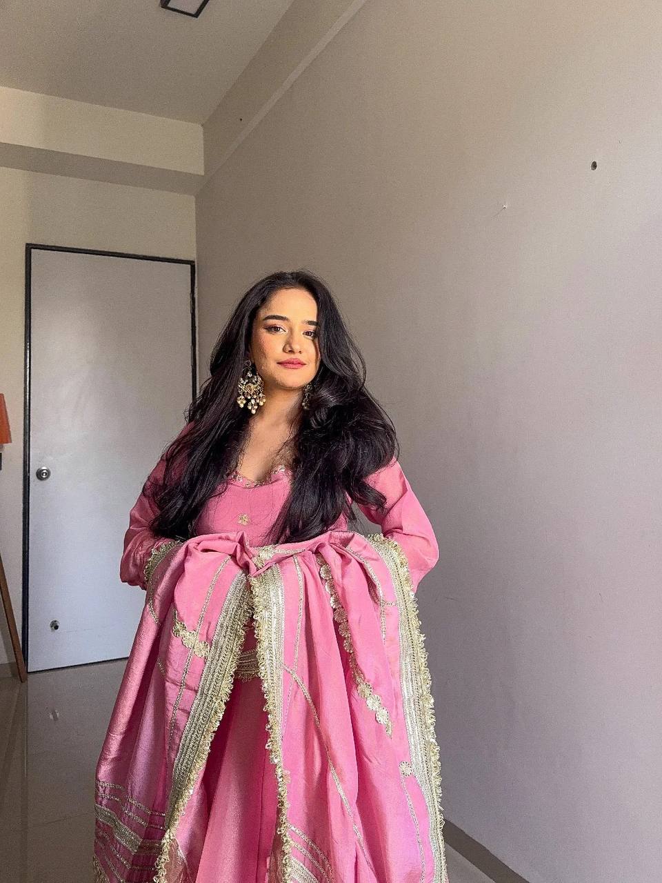 Pink Anarkali Suit with Golden Embroidered Hem & Dupatta