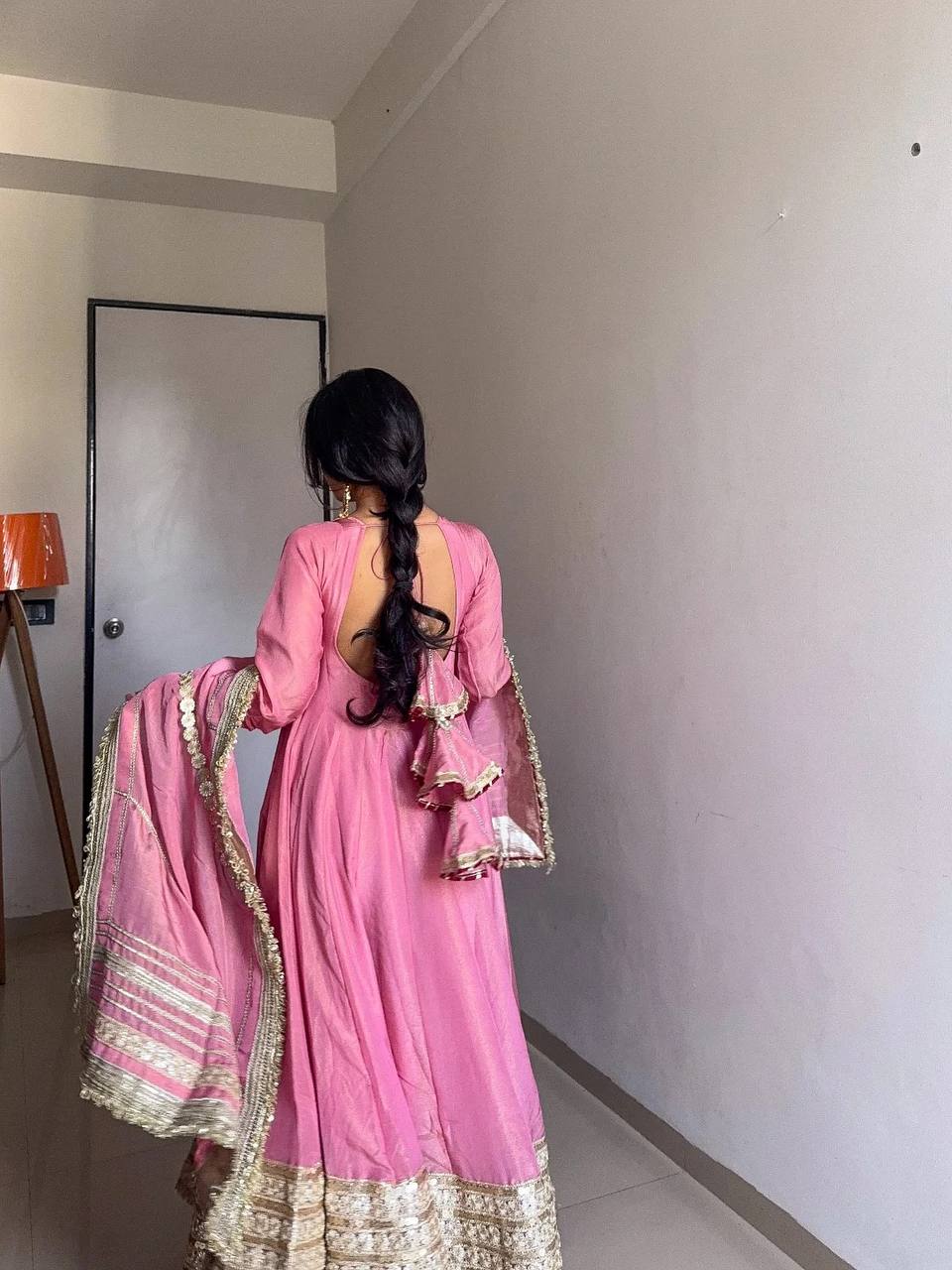 Pink Anarkali Suit with Golden Embroidered Hem & Dupatta