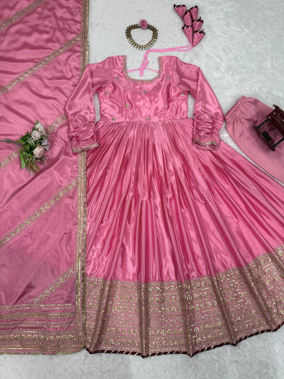 Pink Anarkali Suit with Golden Embroidered Hem & Dupatta