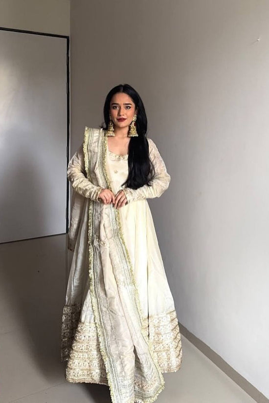 Ivory Gold Embroidered Anarkali Suit with Dupatta