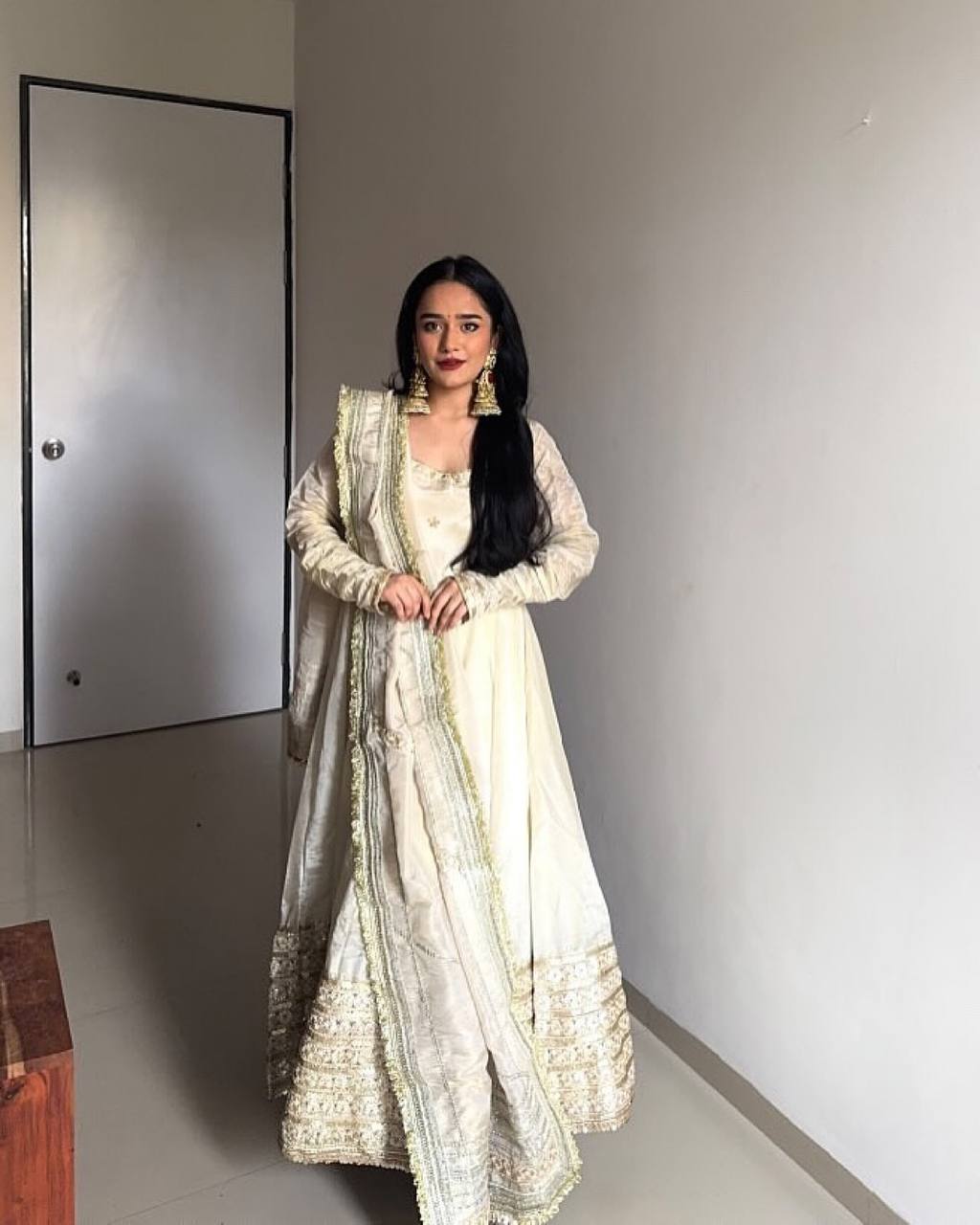 Ivory Gold Embroidered Anarkali Suit with Dupatta