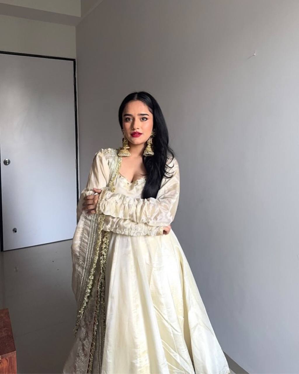 Ivory Gold Embroidered Anarkali Suit with Dupatta