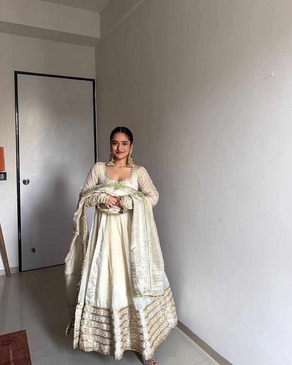 Ivory Gold Embroidered Anarkali Suit with Dupatta